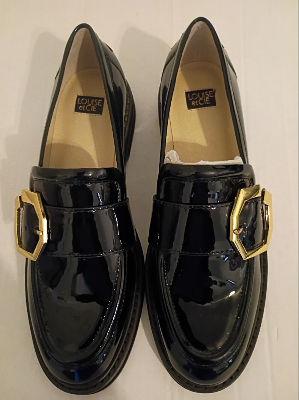 Louise et Cie Women's Black Patent Leather Loafers with Gold Buckle Sz 9M